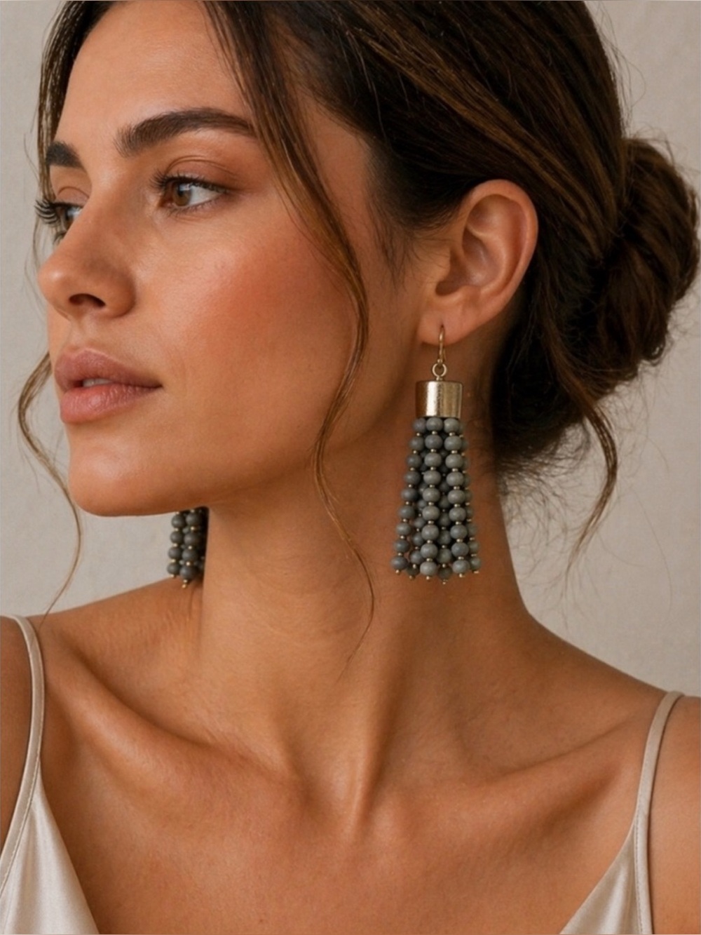 Taupe Beaded Tassel Earrings with Gold Cap Accent